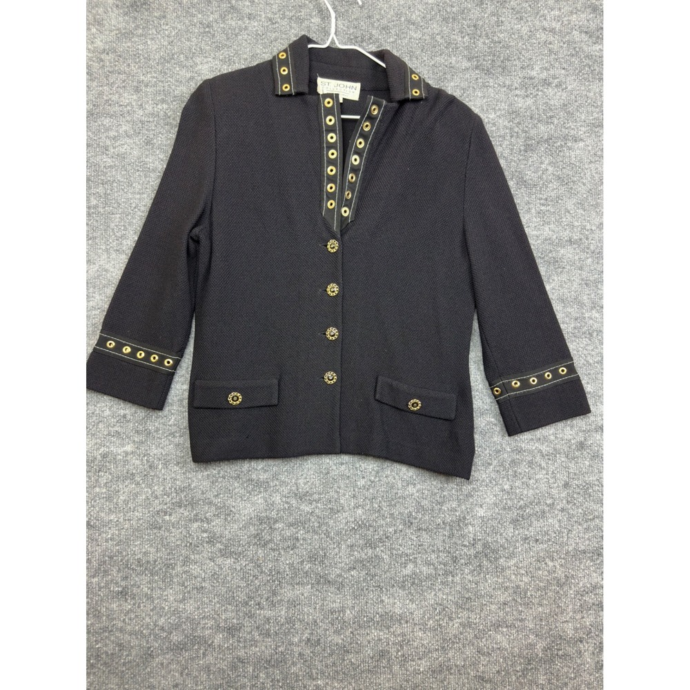 St John Collection by Marie Gray Knit Jacket Black Gold Button Detail Sz 4